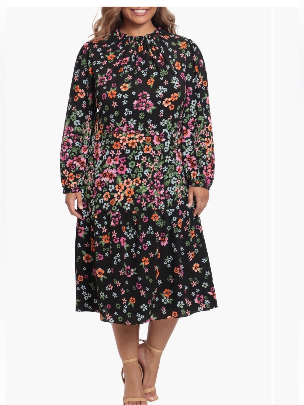 Maggy London Floral Long Sleeve Midi Dress Plus 14W Wedding Guest